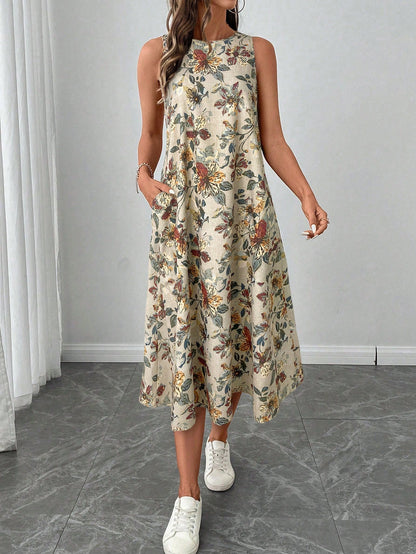 LUNE Retro Floral Print Crew Neck Sleeveless A-Line Midi Dress, Casual And Elegant,Summer Dresses
Spring Clothes