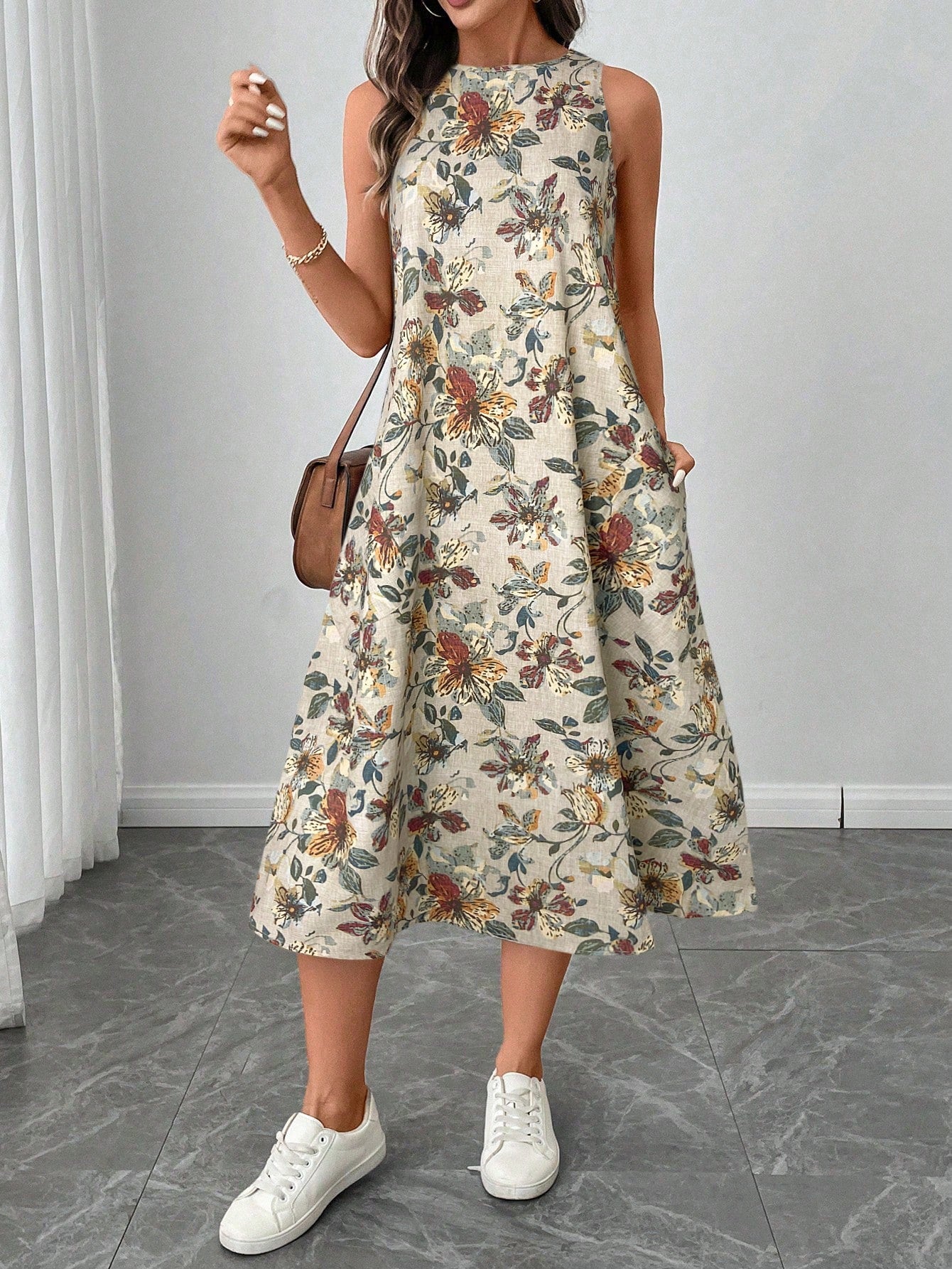 LUNE Retro Floral Print Crew Neck Sleeveless A-Line Midi Dress, Casual And Elegant,Summer Dresses
Spring Clothes