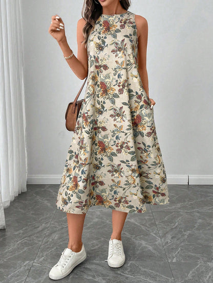 LUNE Retro Floral Print Crew Neck Sleeveless A-Line Midi Dress, Casual And Elegant,Summer Dresses
Spring Clothes