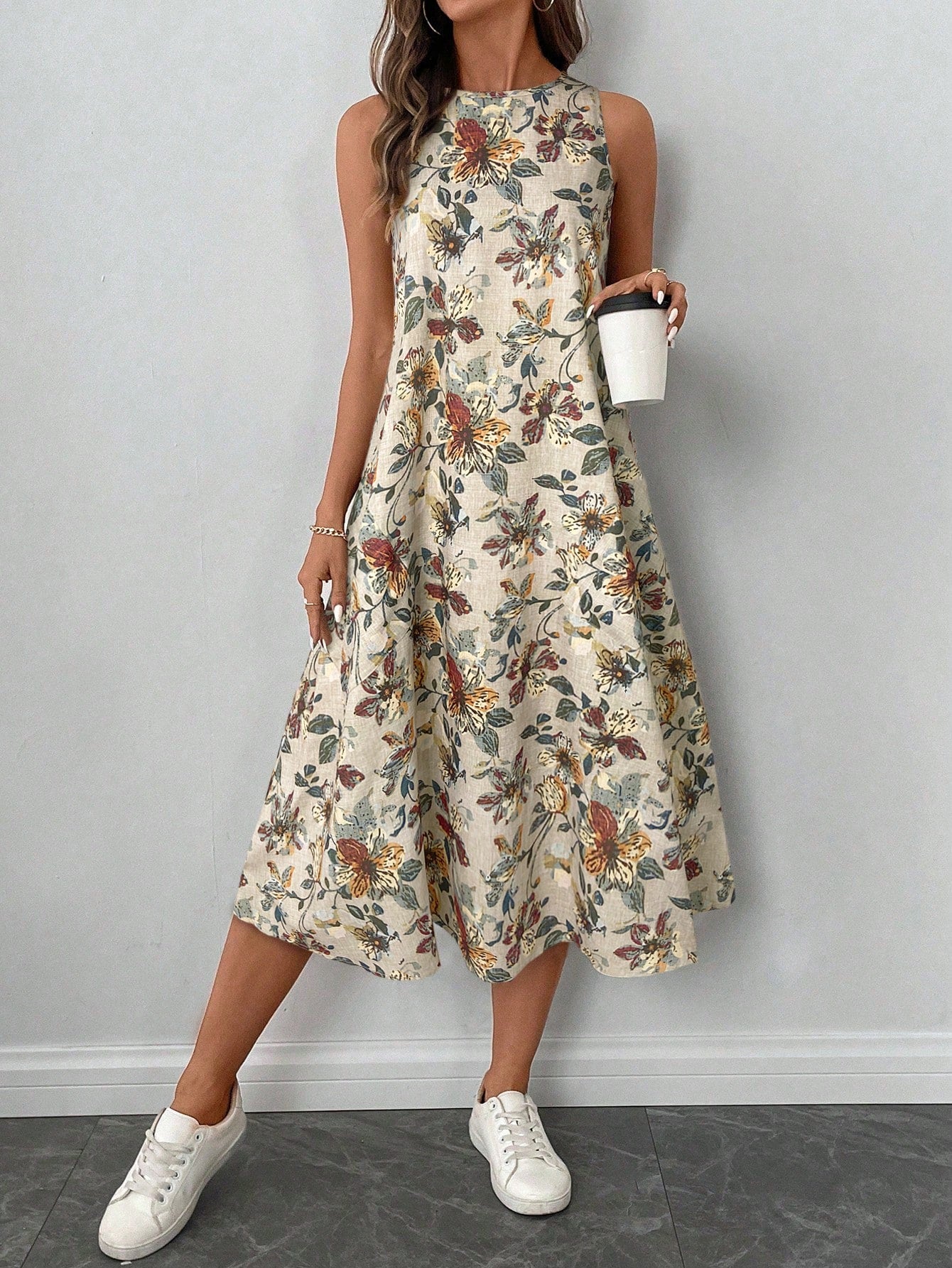 LUNE Retro Floral Print Crew Neck Sleeveless A-Line Midi Dress, Casual And Elegant,Summer Dresses
Spring Clothes