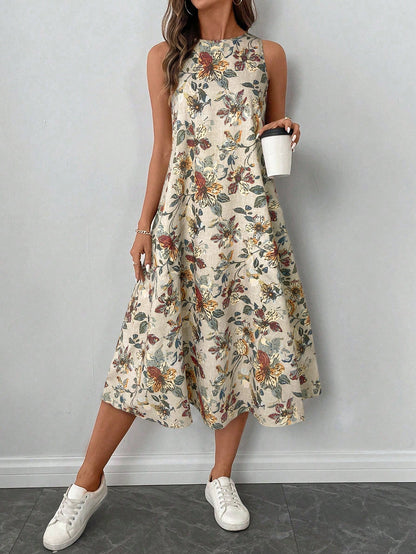 LUNE Retro Floral Print Crew Neck Sleeveless A-Line Midi Dress, Casual And Elegant,Summer Dresses
Spring Clothes