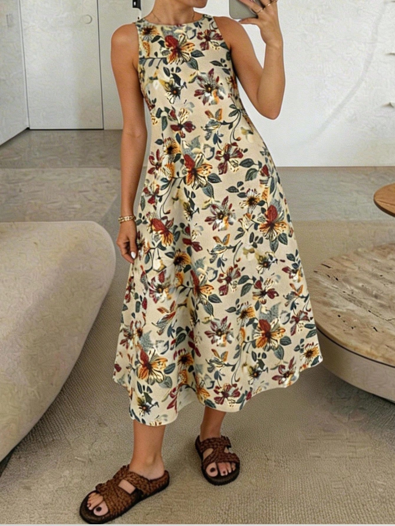 LUNE Retro Floral Print Crew Neck Sleeveless A-Line Midi Dress, Casual And Elegant,Summer Dresses
Spring Clothes