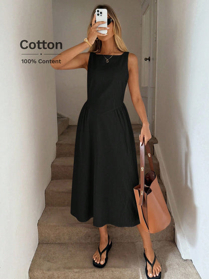 LUNE Round Neck Waist Gathered A-Line Umbrella Dress, Casual Vacation Elegant Midi For Women, Cotton Fabric, Spring/Summer Black Sleeveless