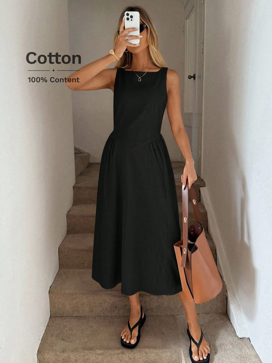 LUNE Round Neck Waist Gathered A-Line Umbrella Dress, Casual Vacation Elegant Midi For Women, Cotton Fabric, Spring/Summer Black Sleeveless