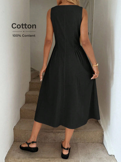 LUNE Round Neck Waist Gathered A-Line Umbrella Dress, Casual Vacation Elegant Midi For Women, Cotton Fabric, Spring/Summer Black Sleeveless