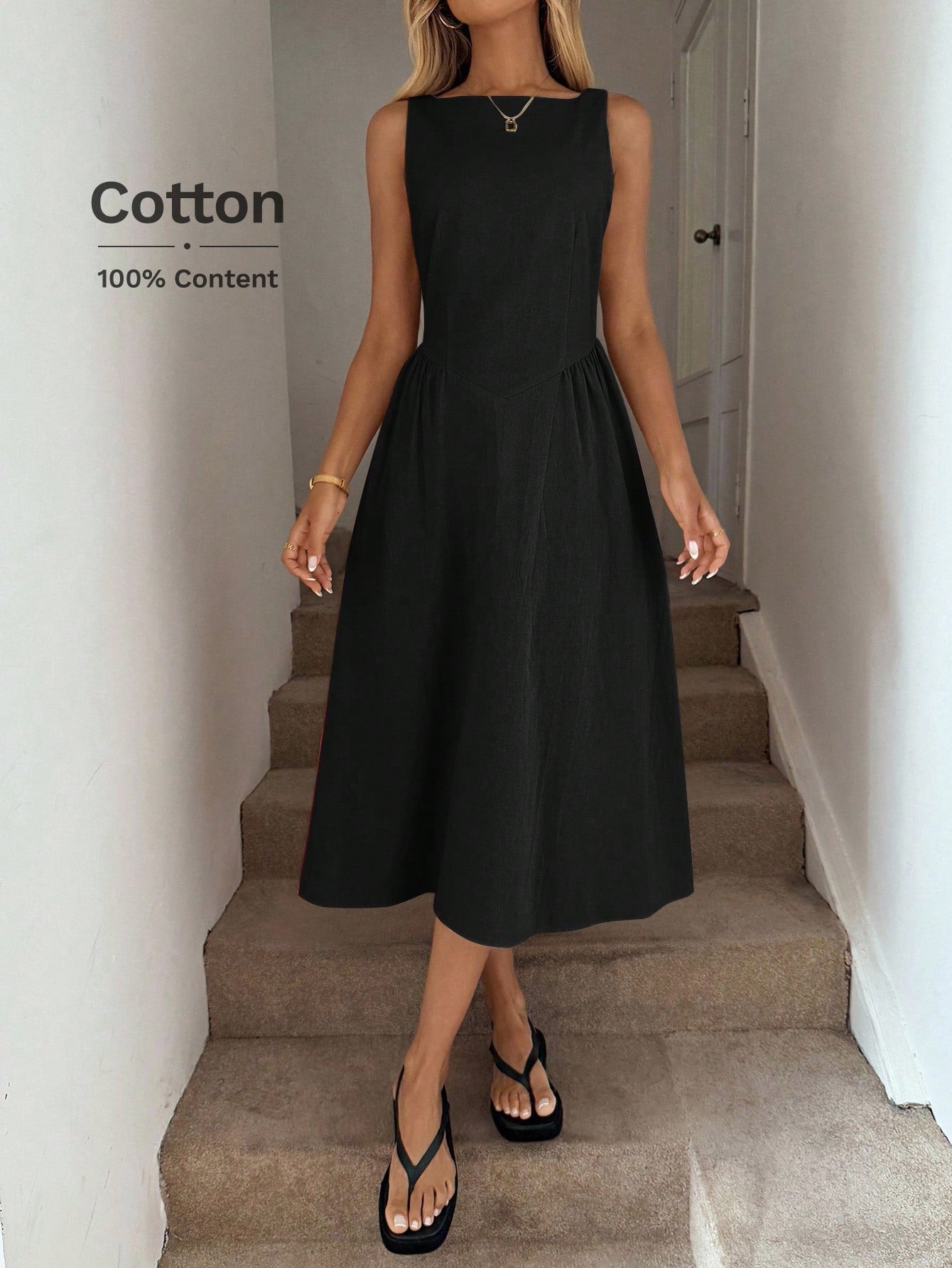 LUNE Round Neck Waist Gathered A-Line Umbrella Dress, Casual Vacation Elegant Midi For Women, Cotton Fabric, Spring/Summer Black Sleeveless