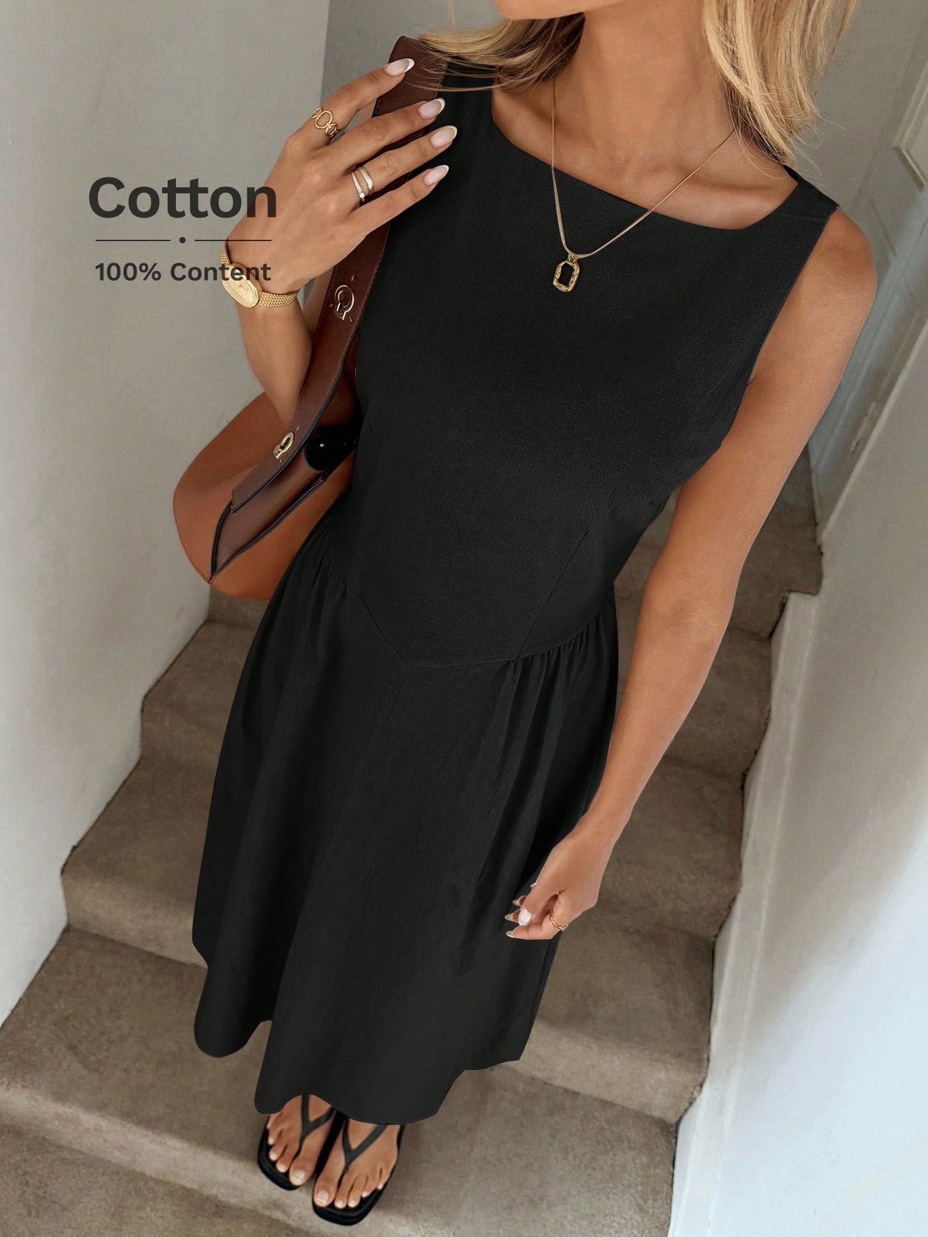LUNE Round Neck Waist Gathered A-Line Umbrella Dress, Casual Vacation Elegant Midi For Women, Cotton Fabric, Spring/Summer Black Sleeveless