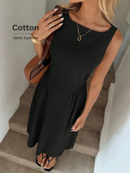 LUNE Round Neck Waist Gathered A-Line Umbrella Dress, Casual Vacation Elegant Midi For Women, Cotton Fabric, Spring/Summer Black Sleeveless