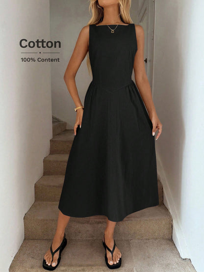 LUNE Round Neck Waist Gathered A-Line Umbrella Dress, Casual Vacation Elegant Midi For Women, Cotton Fabric, Spring/Summer Black Sleeveless
