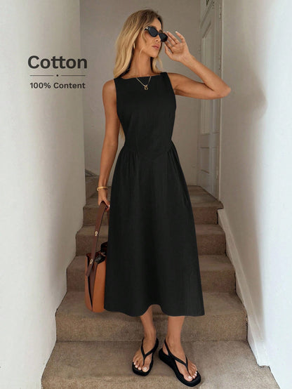LUNE Round Neck Waist Gathered A-Line Umbrella Dress, Casual Vacation Elegant Midi For Women, Cotton Fabric, Spring/Summer Black Sleeveless