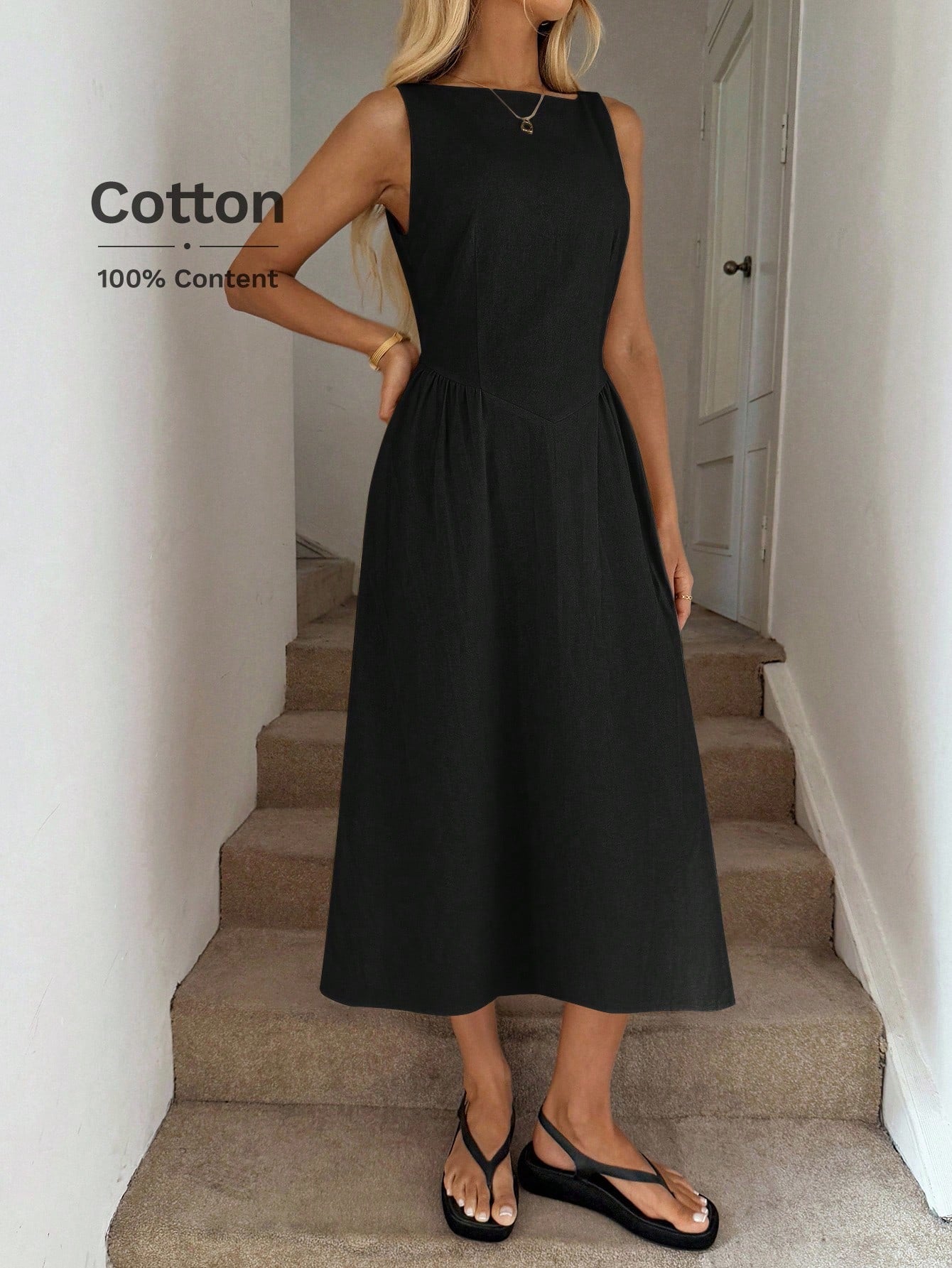 LUNE Round Neck Waist Gathered A-Line Umbrella Dress, Casual Vacation Elegant Midi For Women, Cotton Fabric, Spring/Summer Black Sleeveless