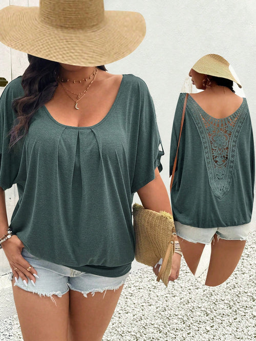 LUNE Scoop Neck Pleated Lace Casual T-Shirt