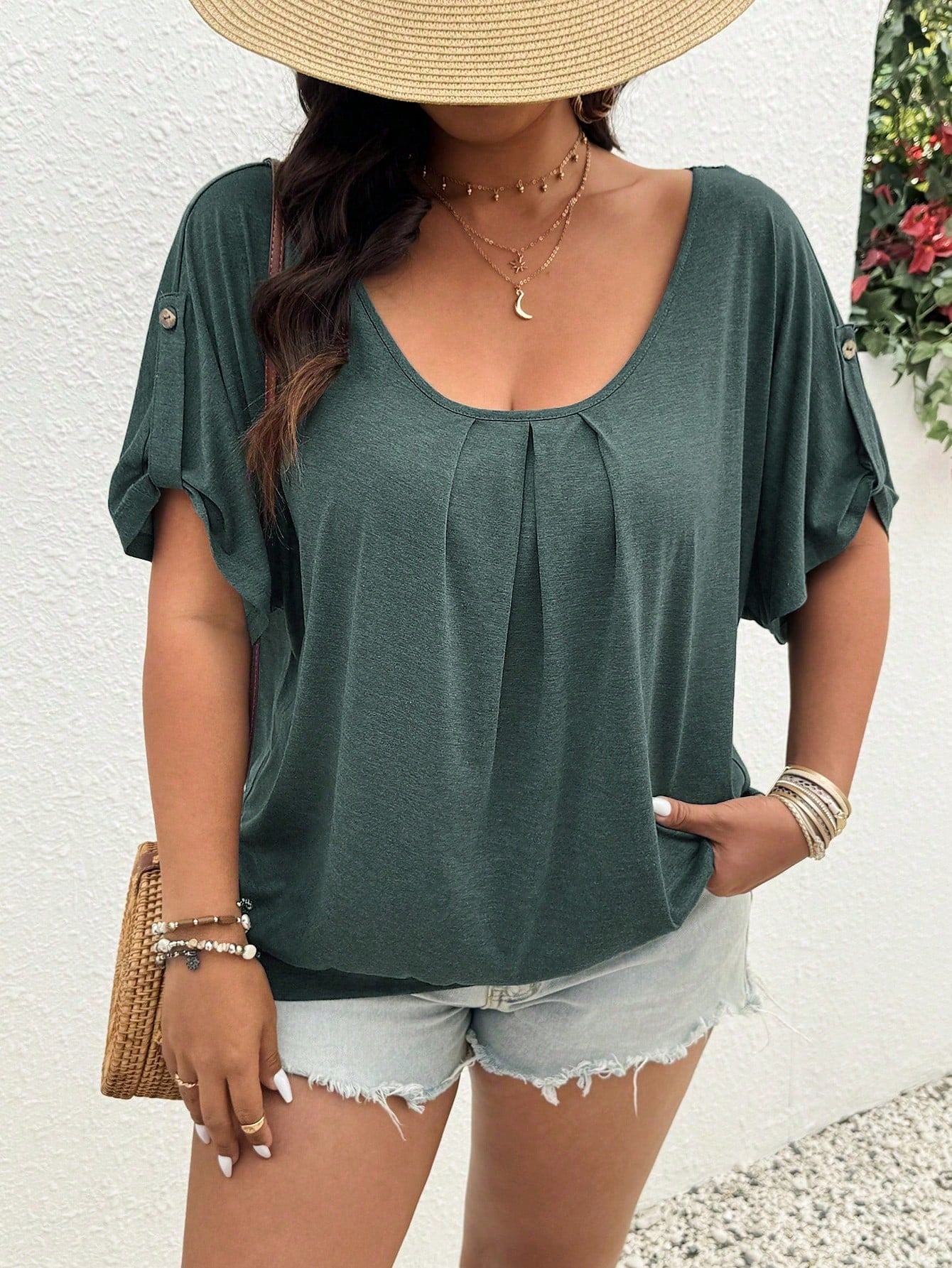 LUNE Scoop Neck Pleated Lace Casual T-Shirt