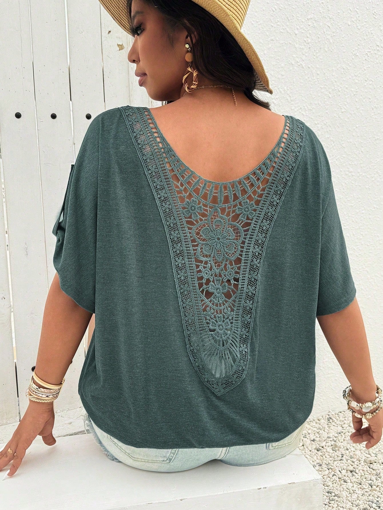 LUNE Scoop Neck Pleated Lace Casual T-Shirt