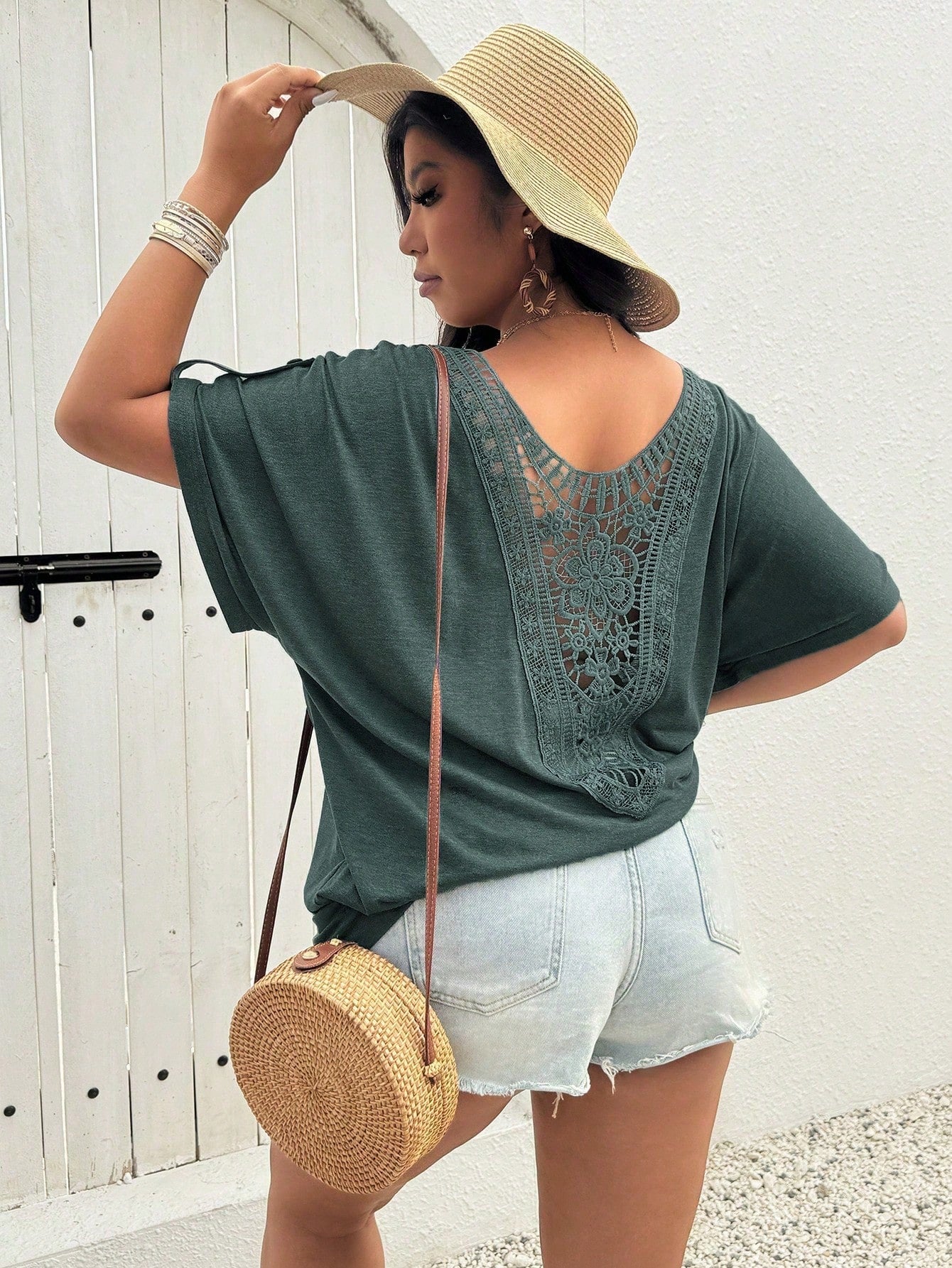 LUNE Scoop Neck Pleated Lace Casual T-Shirt