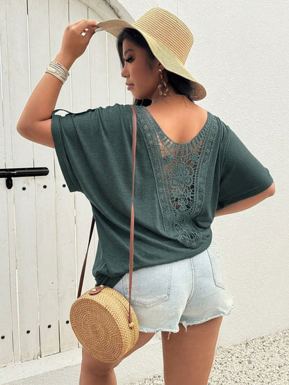 LUNE Scoop Neck Pleated Lace Casual T-Shirt