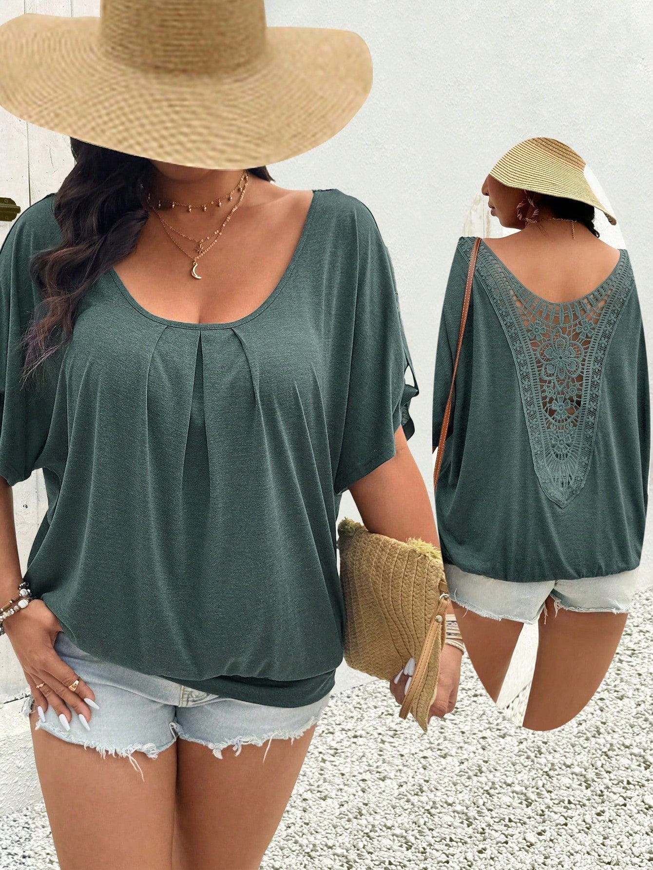 LUNE Scoop Neck Pleated Lace Casual T-Shirt
