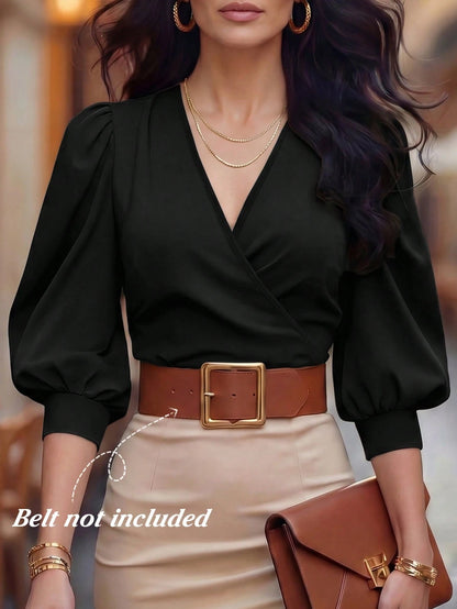 LUNE V-Neck Criss-Cross Puff Sleeve Fitted Cropped Women Shirt