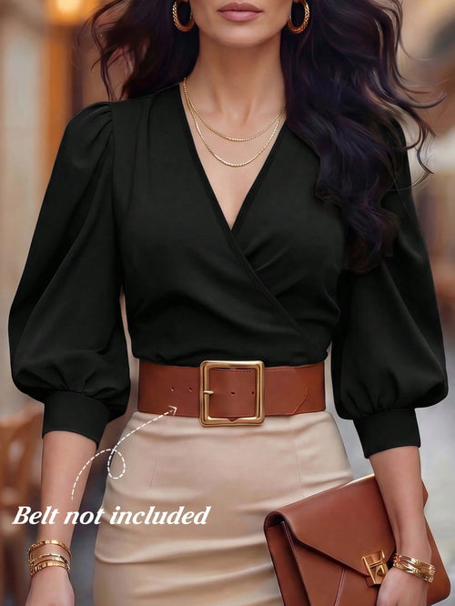 LUNE V-Neck Criss-Cross Puff Sleeve Fitted Cropped Women Shirt
