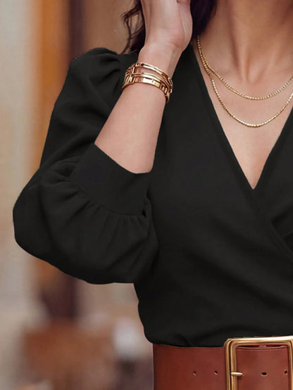 LUNE V-Neck Criss-Cross Puff Sleeve Fitted Cropped Women Shirt