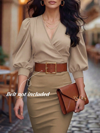 LUNE V-Neck Criss-Cross Puff Sleeve Fitted Cropped Women Shirt