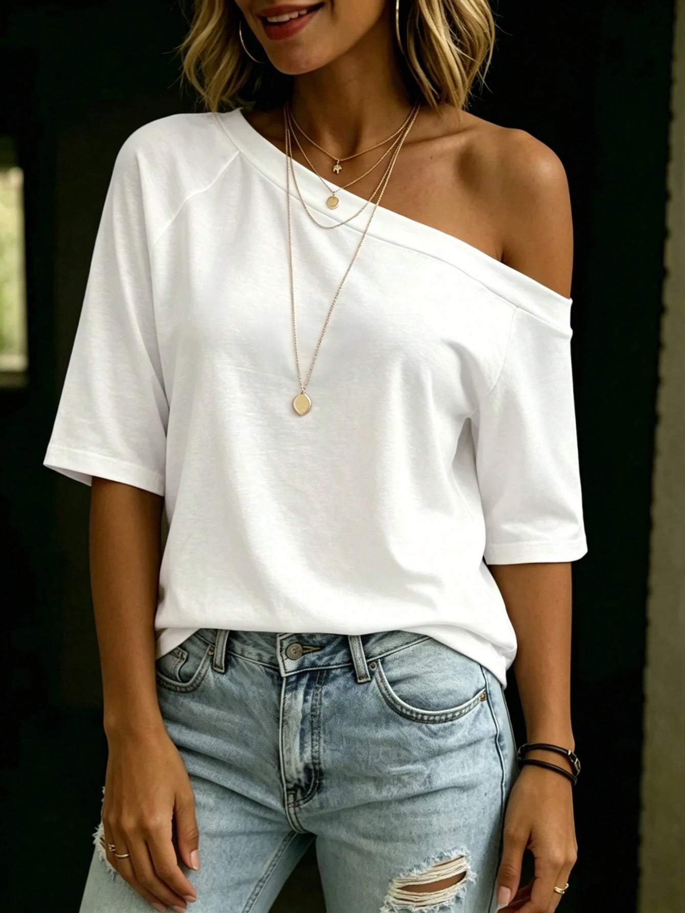 LUNE White Asymmetrical Shoulder Casual Versatile Women Short Sleeve T-Shirt