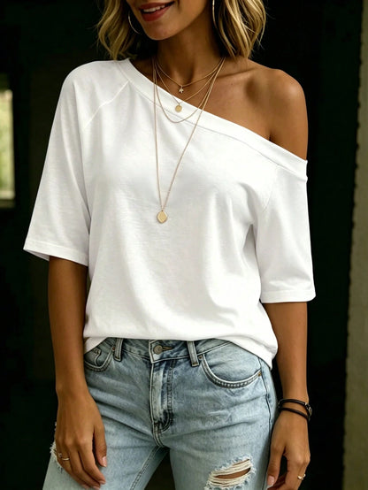 LUNE White Asymmetrical Shoulder Casual Versatile Women Short Sleeve T-Shirt