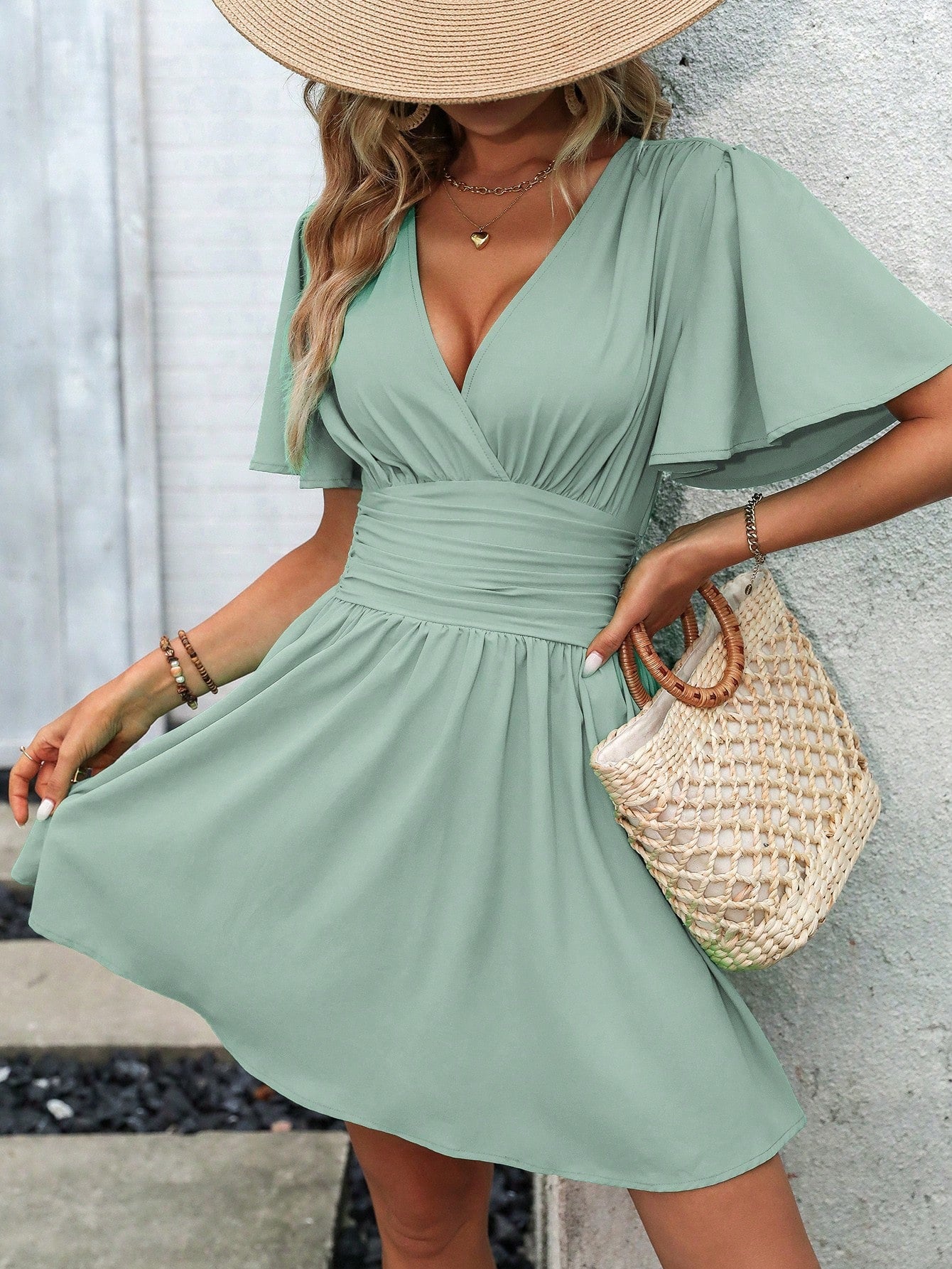 LUNE Women's Casual Solid Color V-Neck Ruffle Sleeve Cinching Waist Dress, Summer