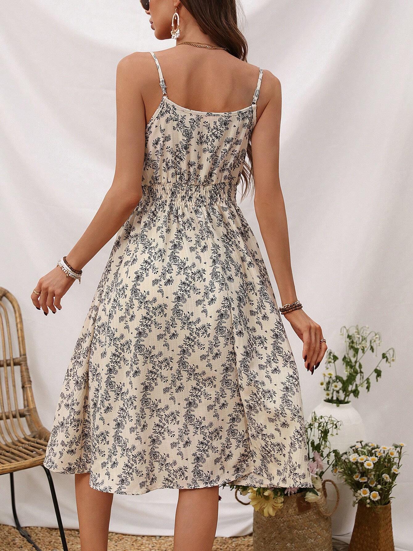 LUNE Women's Floral Print Waist Tie Cami Dress