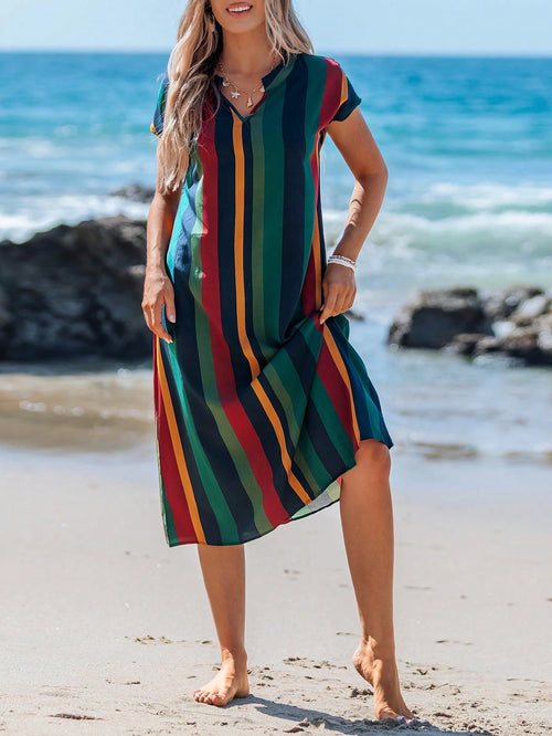 LUNE Women's Mid-Length Casual Tropical Dress, Fashionable Minimalist For Daily Wear,Vacation Beach Vacation Navy Blue Summer