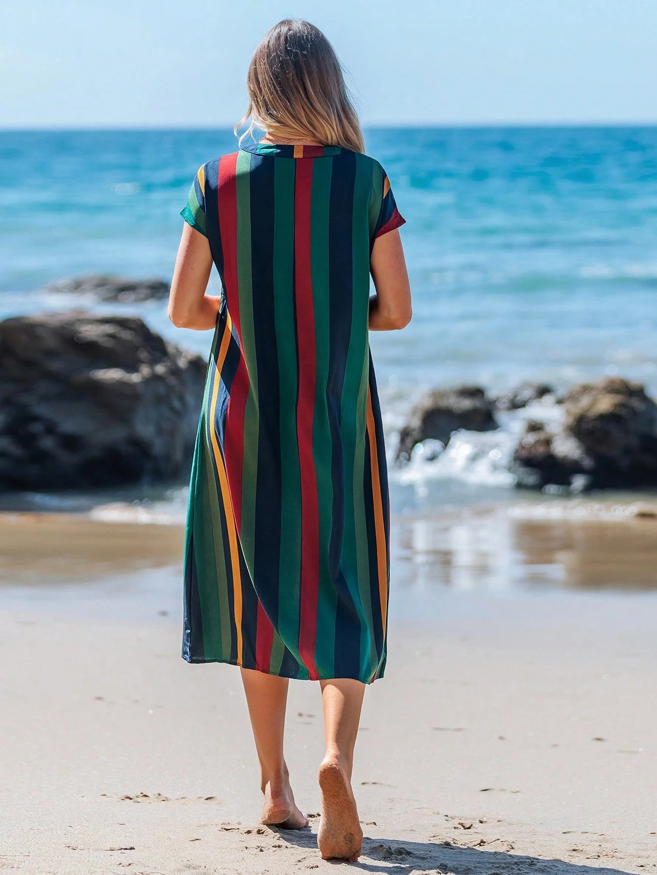 LUNE Women's Mid-Length Casual Tropical Dress, Fashionable Minimalist For Daily Wear,Vacation Beach Vacation Navy Blue Summer