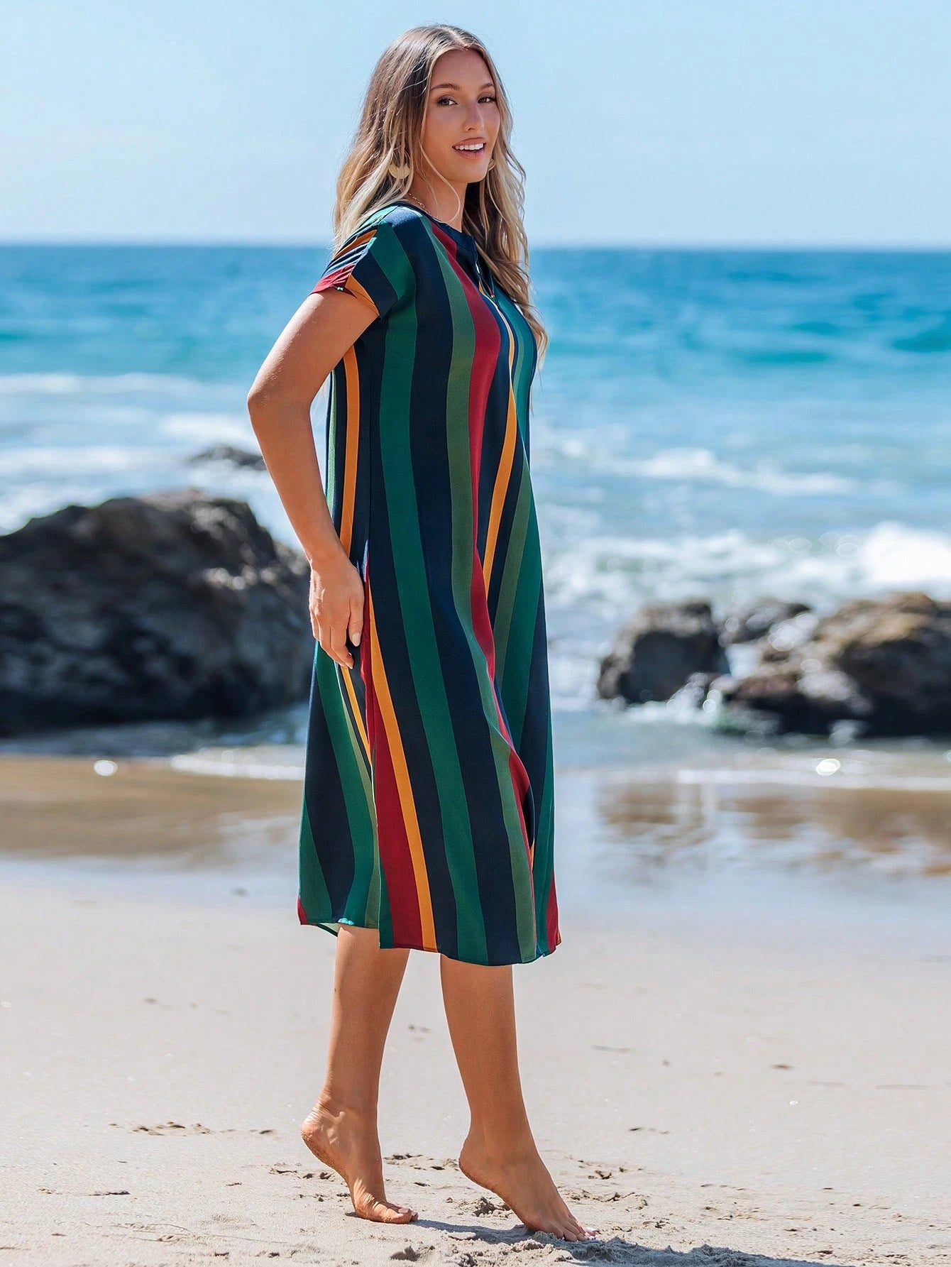 LUNE Women's Mid-Length Casual Tropical Dress, Fashionable Minimalist For Daily Wear,Vacation Beach Vacation Navy Blue Summer