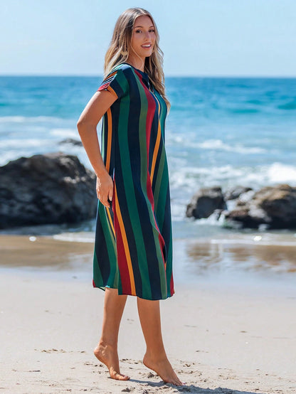 LUNE Women's Mid-Length Casual Tropical Dress, Fashionable Minimalist For Daily Wear,Vacation Beach Vacation Navy Blue Summer