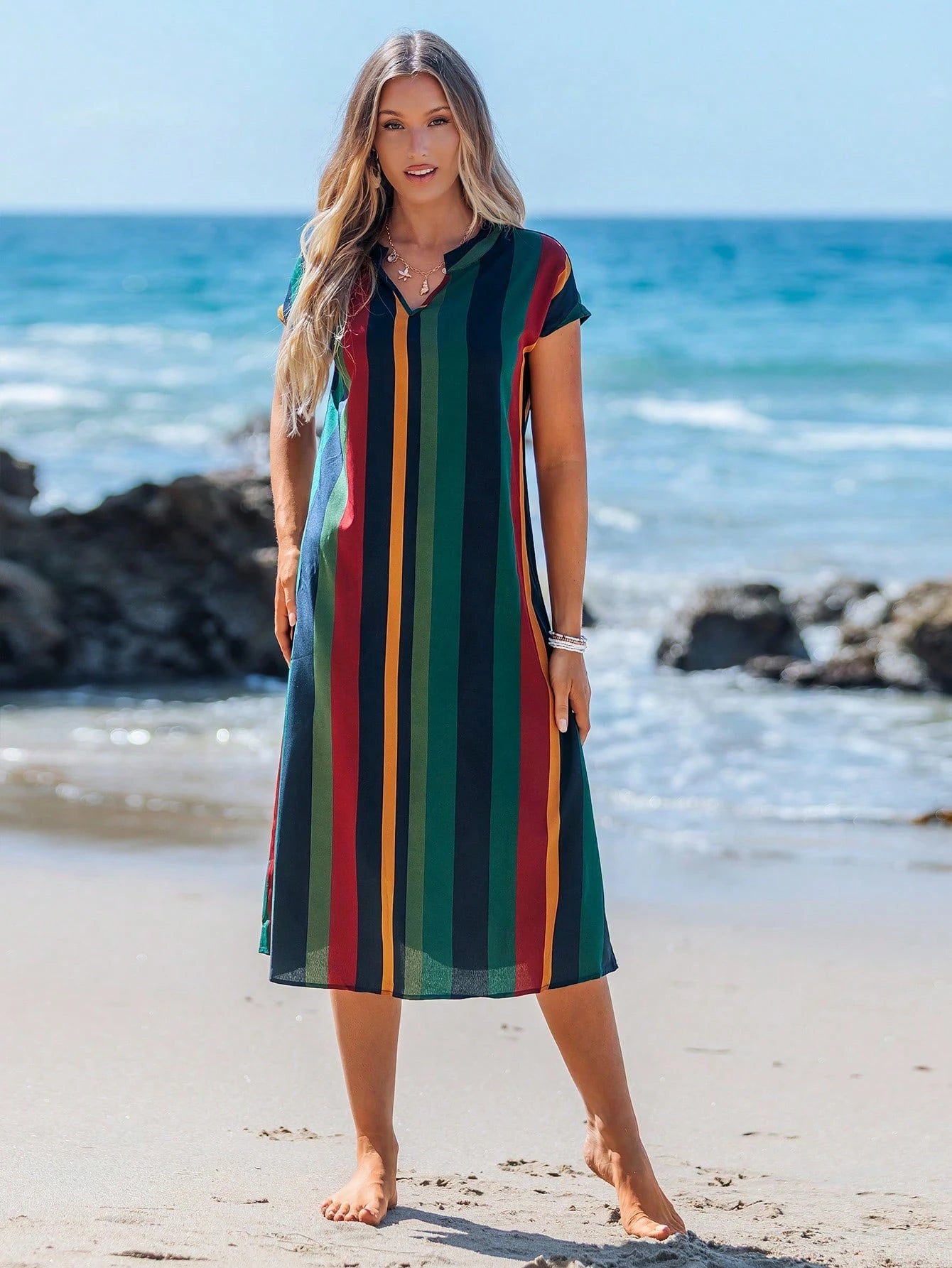 LUNE Women's Mid-Length Casual Tropical Dress, Fashionable Minimalist For Daily Wear,Vacation Beach Vacation Navy Blue Summer