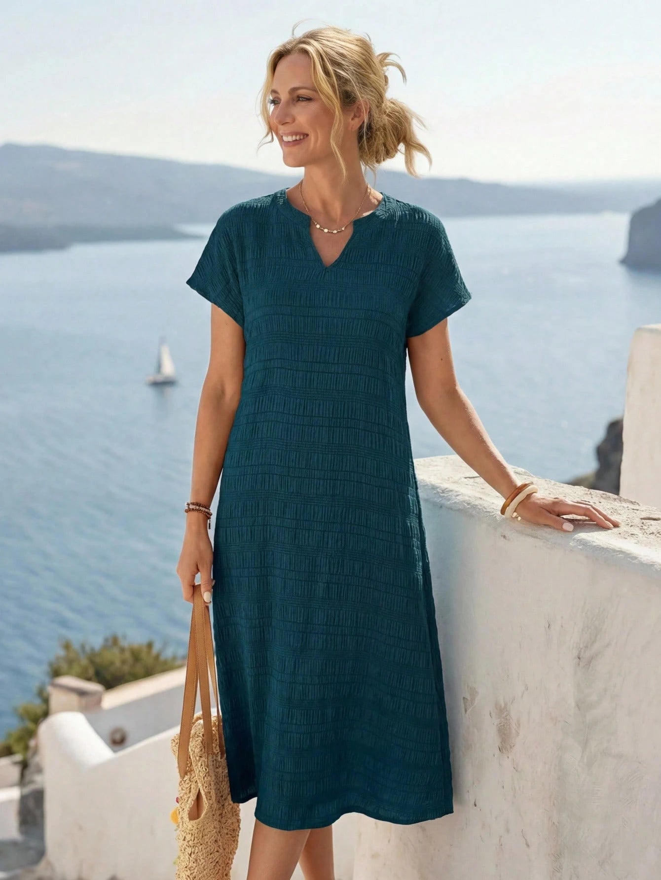 LUNE Women's Mid-Length Casual Tropical Dress, Fashionable Minimalist For Daily Wear,Vacation Beach Vacation Navy Blue Summer