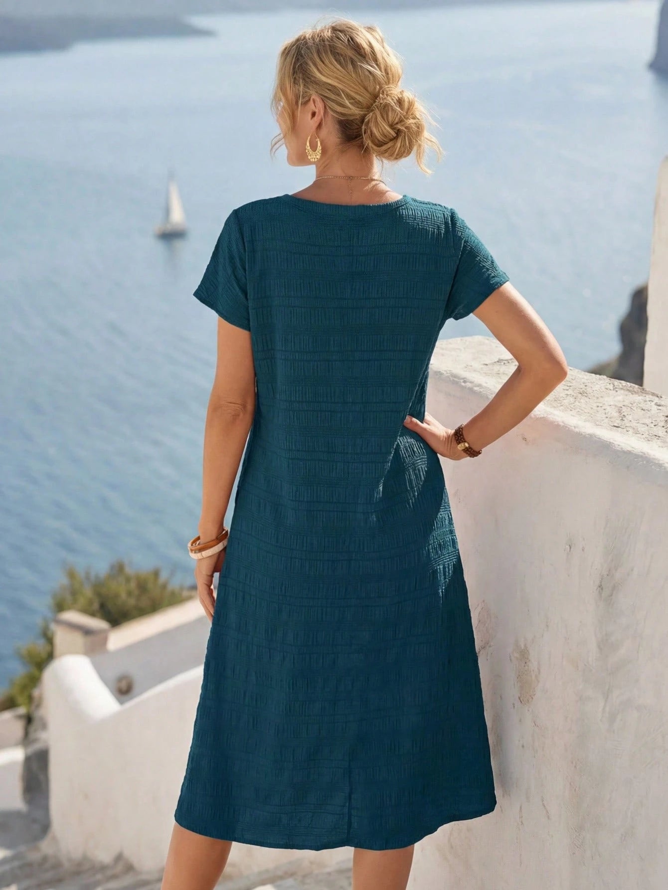 LUNE Women's Mid-Length Casual Tropical Dress, Fashionable Minimalist For Daily Wear,Vacation Beach Vacation Navy Blue Summer