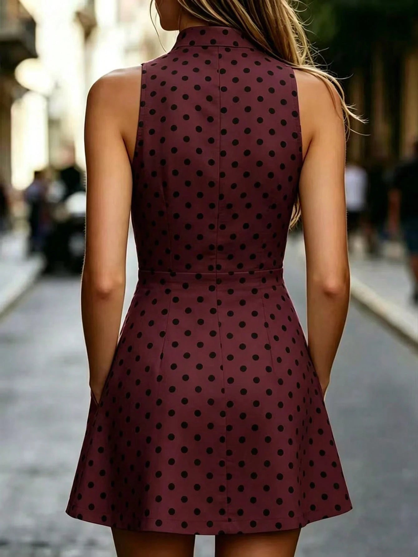 LUNE Women's Polka Dot Print Pocket Fashion Sleeveless Mini Dress