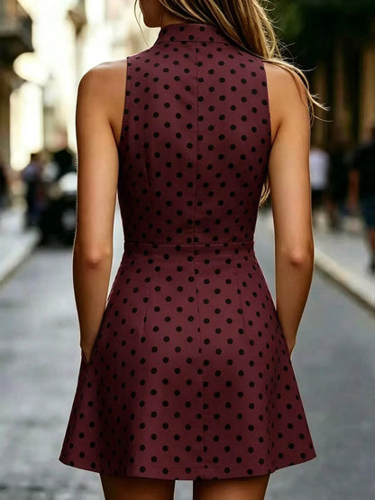 LUNE Women's Polka Dot Print Pocket Fashion Sleeveless Mini Dress