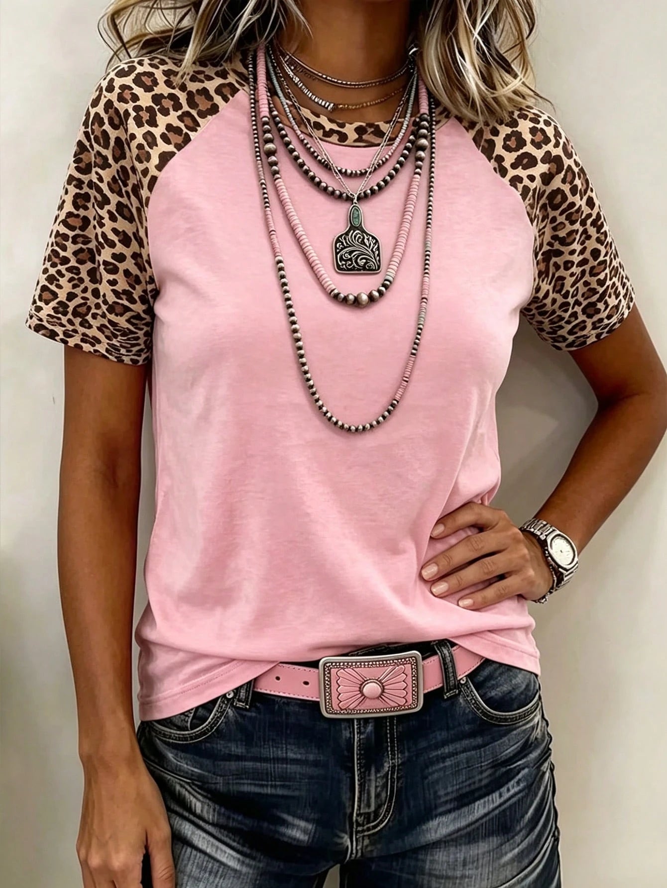 LUNE Women's Round Neck Leopard Print Patchwork Casual Versatile Daily Wear Short Sleeve T-Shirt