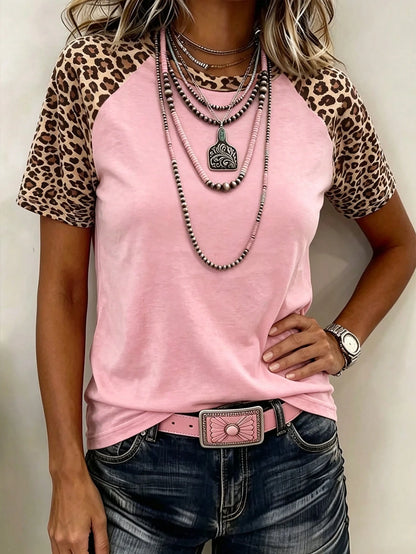 LUNE Women's Round Neck Leopard Print Patchwork Casual Versatile Daily Wear Short Sleeve T-Shirt