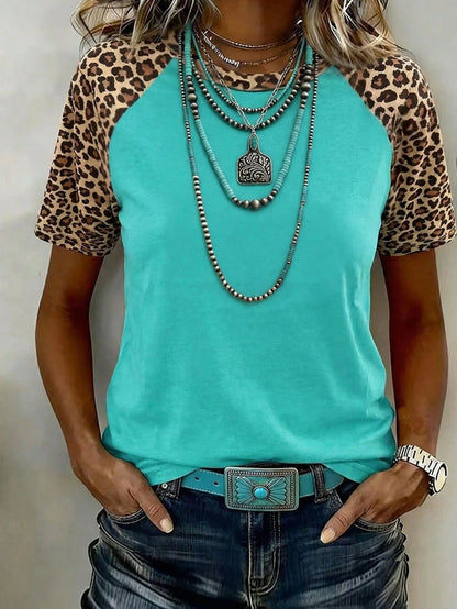 LUNE Women's Round Neck Leopard Print Patchwork Casual Versatile Daily Wear Short Sleeve T-Shirt