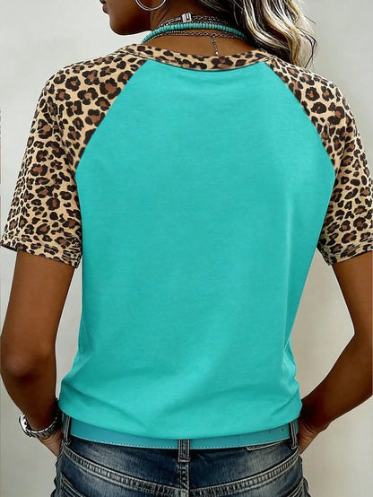 LUNE Women's Round Neck Leopard Print Patchwork Casual Versatile Daily Wear Short Sleeve T-Shirt
