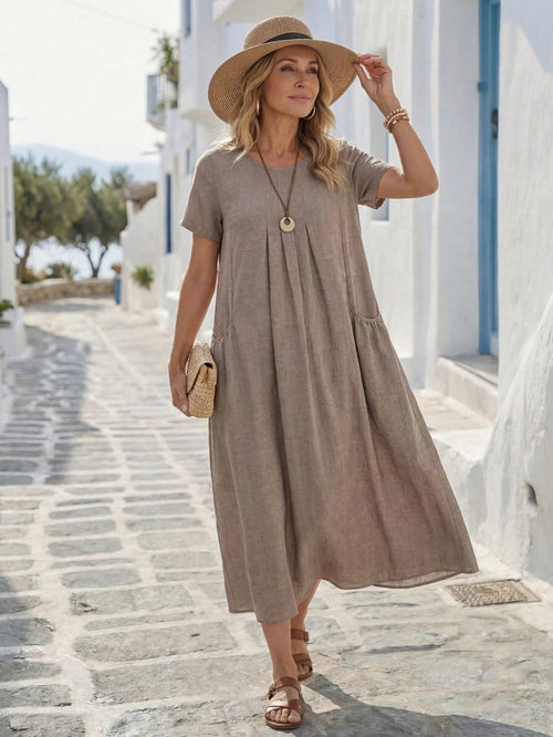 LUNE Women's Solid Color Round Neck Short Sleeve Pleated Pocket Casual Tropical Loose Dress Vacation Brown Summer