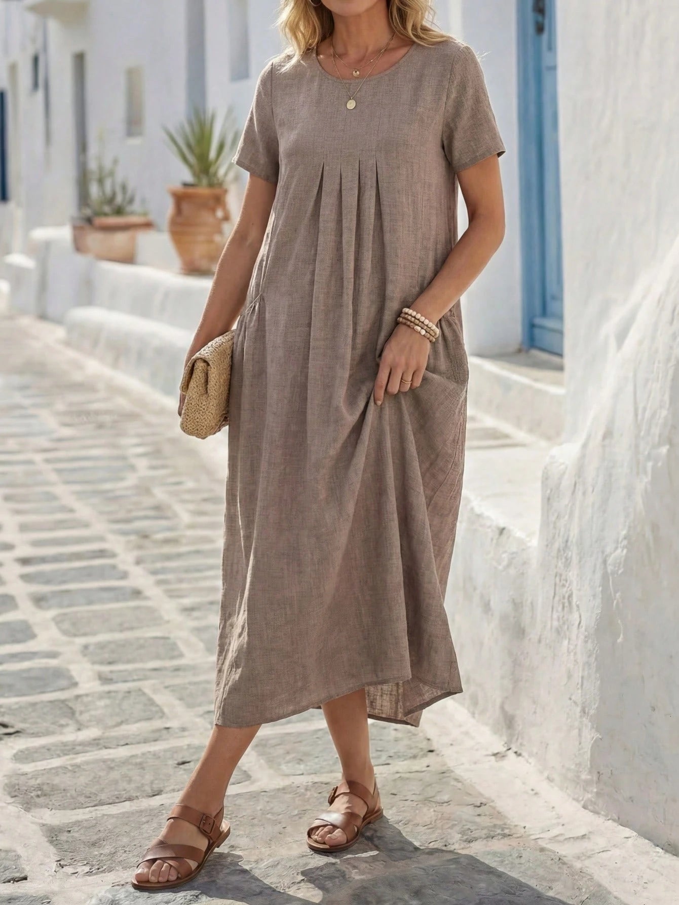 LUNE Women's Solid Color Round Neck Short Sleeve Pleated Pocket Casual Tropical Loose Dress Vacation Brown Summer