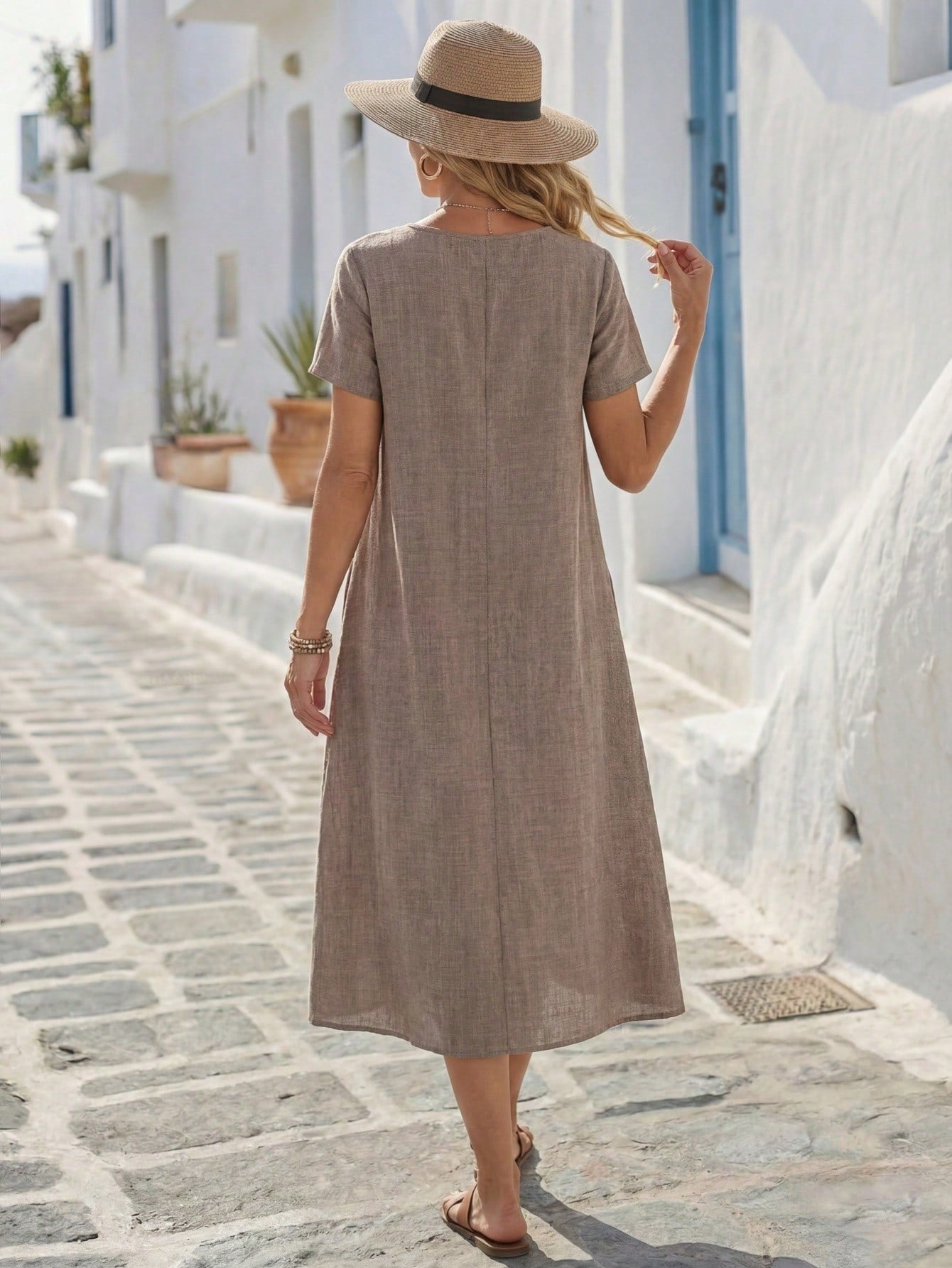 LUNE Women's Solid Color Round Neck Short Sleeve Pleated Pocket Casual Tropical Loose Dress Vacation Brown Summer