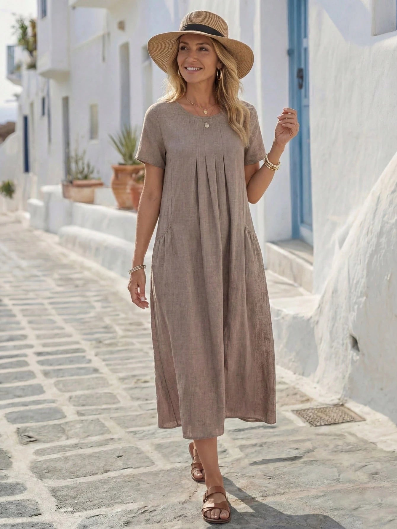 LUNE Women's Solid Color Round Neck Short Sleeve Pleated Pocket Casual Tropical Loose Dress Vacation Brown Summer