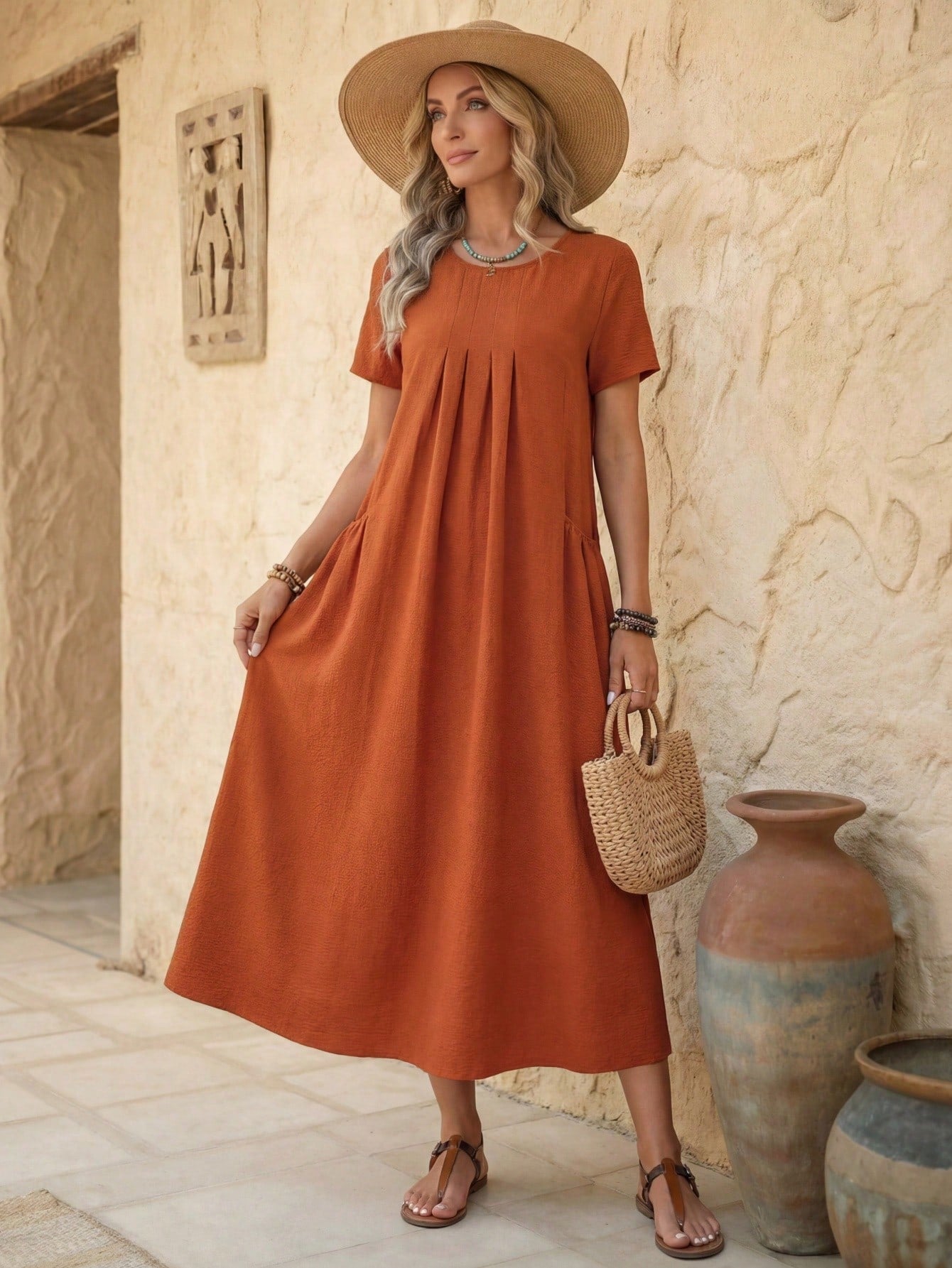LUNE Women's Solid Color Round Neck Short Sleeve Pleated Pocket Casual Tropical Loose Dress Vacation Brown Summer