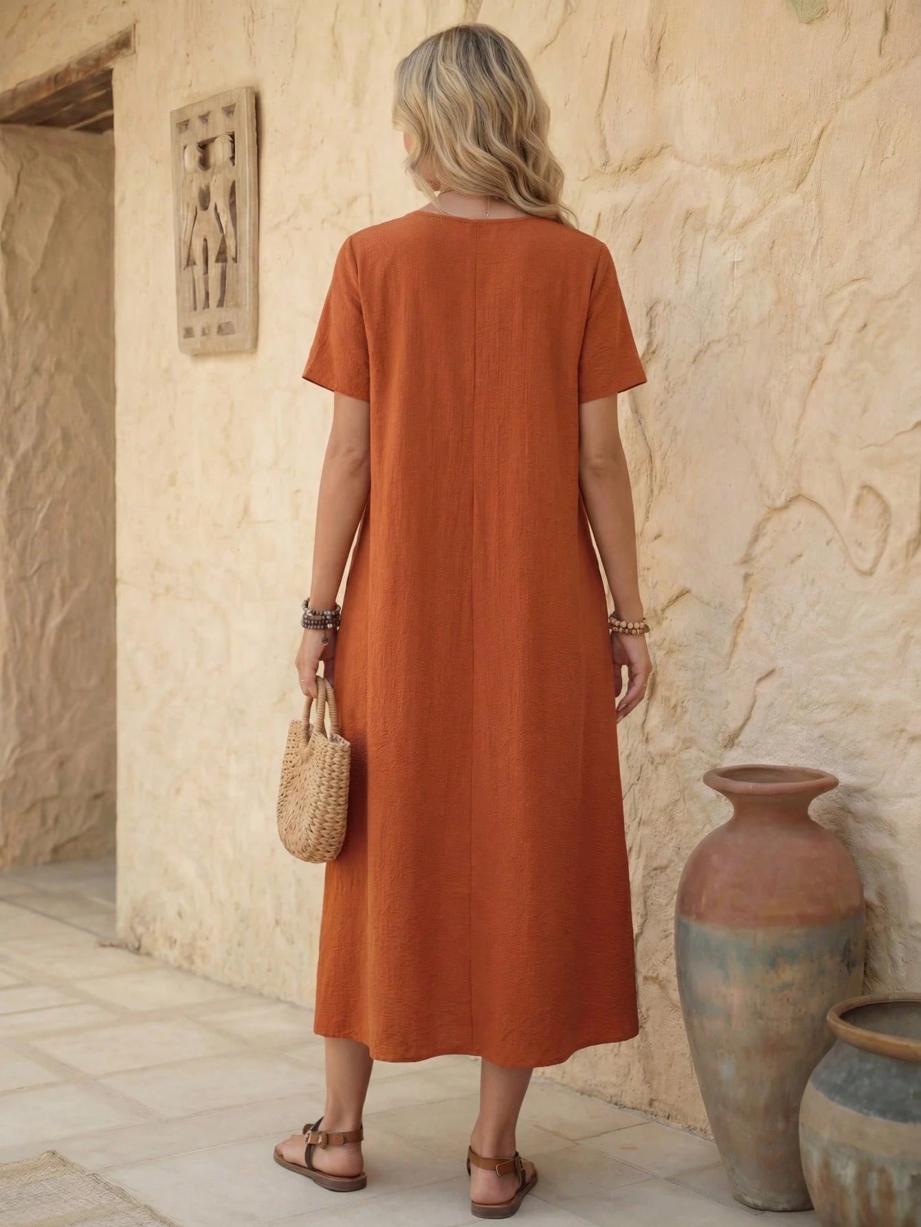 LUNE Women's Solid Color Round Neck Short Sleeve Pleated Pocket Casual Tropical Loose Dress Vacation Brown Summer