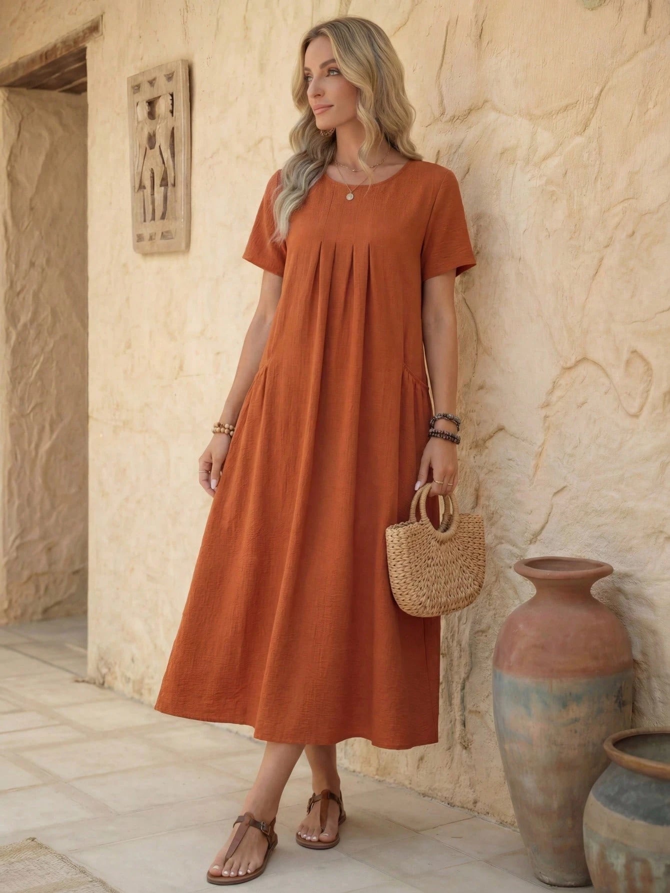 LUNE Women's Solid Color Round Neck Short Sleeve Pleated Pocket Casual Tropical Loose Dress Vacation Brown Summer