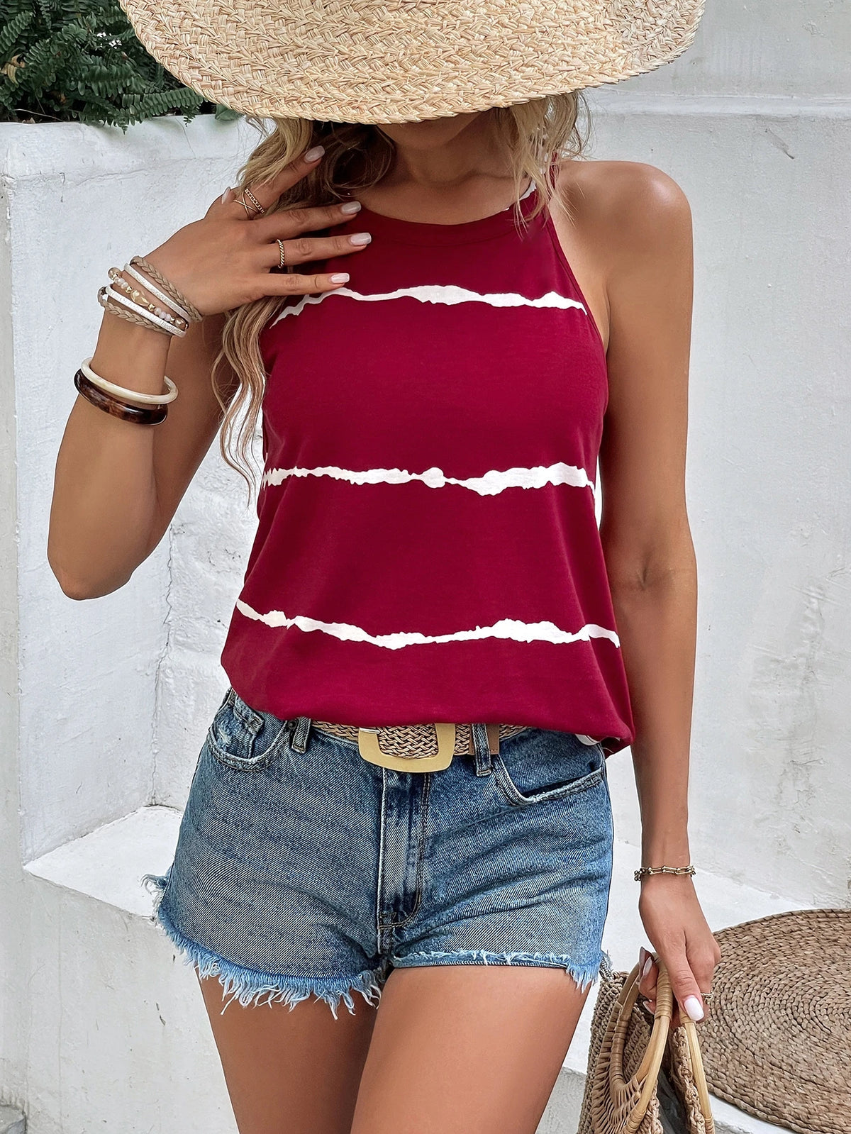 LUNE Women's Striped Casual Versatile Halter Neck Tank Top